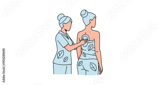A spa therapist in a blue uniform applies a body wrap with green leaf patterns to a woman's back gently smoothing the treatment, Generative AI.