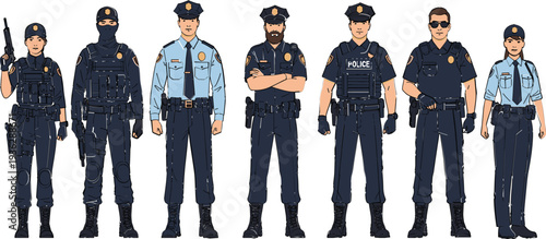 Collection of Police Officers in Different Uniform Styles Including Tactical, Patrol, and Security Roles for Law Enforcement Illustration Design