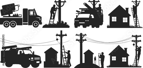 Black silhouette set of utility workers repairing power lines on poles with service trucks and residential houses, electrical maintenance illustration.