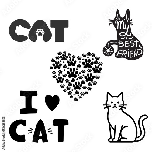 Cat themed typography phrases with cute cat illustration expressing love for pets perfect for apparel prints.