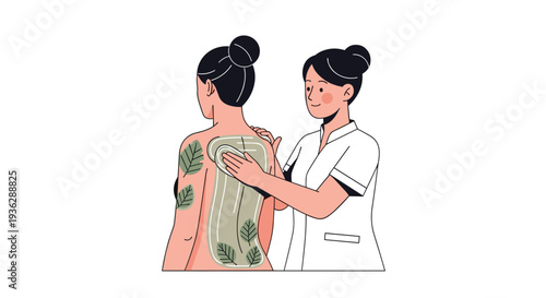 A spa therapist applies a green herbal pack with embedded leaves to a woman's bare back seen from behind, Generative AI.