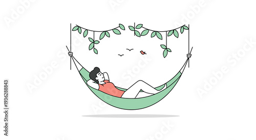 A man peacefully relaxes in a green hammock suspended between poles with decorative green vines and flying birds above, Generative AI.