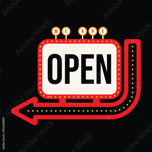Retro-themed text box with the text "we are open" and an arrow pointing to it. Sales design element