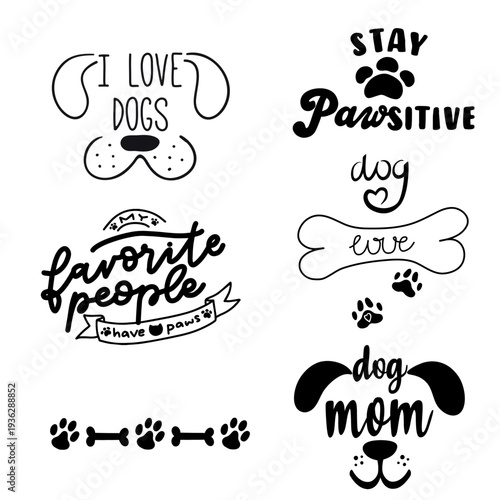 Dog lover typography quotes with paw icons, food bowl illustration and pet care symbols for greeting cards.