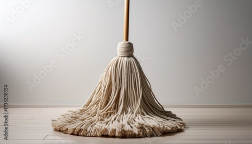 wooden handle and mop standing white background clean full length single hygiene