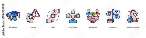 Social and Strategic Values web banner featuring Education, Concern, Focus, Popularity, Friendship, Guidance, and Business Strategy.