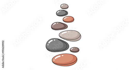 A vertical stack of seven smooth rounded spa stones of varying sizes and colors is arranged in a slightly curved line, Generative AI.