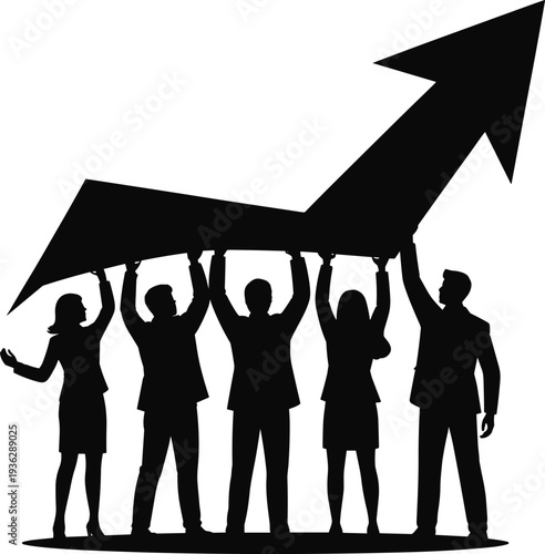 Business Team Success Silhouette Holding Growth Arrow, Professional Corporate Teamwork Achievement Vector, Collaborative Leadership Strategy Concept, Financial Progress Growth Illustration