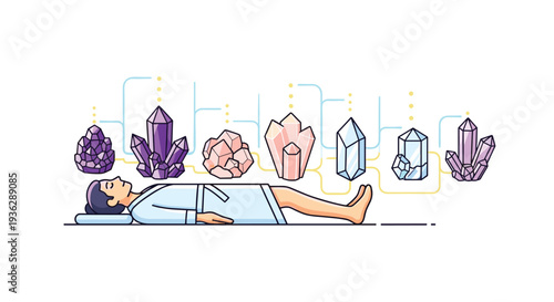 An illustrated person in a robe is lying flat on their back surrounded by a symmetrical arrangement of seven colorful crystals, Generative AI.