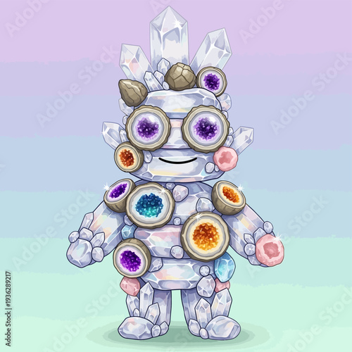 Cute Crystal Golem Character Mascot decorated with Geode Slices and Quartz Points. Fantasy Mineral Illustration.