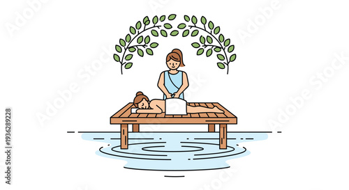 A woman lies face down on a wooden platform over water receiving a back massage from a therapist under a leafy arch, Generative AI.