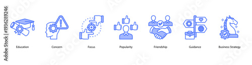 Social and Strategic Values web banner featuring Education, Concern, Focus, Popularity, Friendship, Guidance, and Business Strategy.