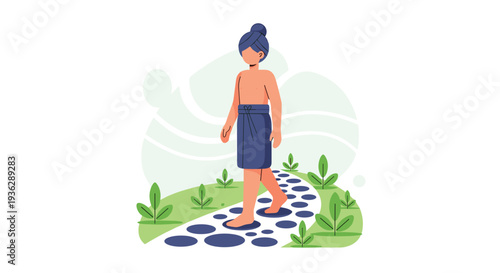 A person with a bun wrapped in a blue towel walks barefoot on a winding path made of dark and light stepping stones, Generative AI.
