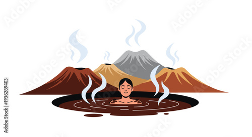 A cartoon person with closed eyes is submerged in a dark brown mud bath surrounded by four smoking volcanoes emitting white steam in a natural setting, Generative AI.
