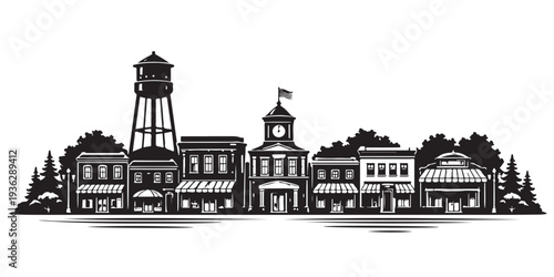 Rural Main Street Silhouette, Silhouette Vector, Isolated on White Background