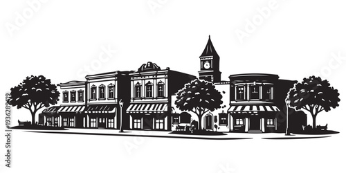 Foto Small Town Downtown Street Silhouette, Silhouette Vector, Isolated on White Back