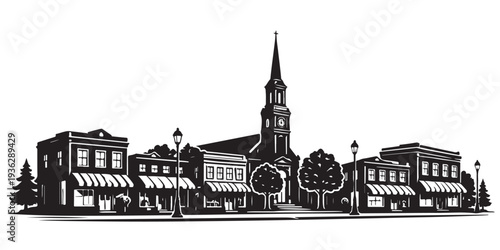 Small Town Main Street Silhouette, Silhouette Vector, Isolated on White Background