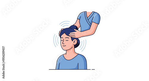 A minimalist cartoon person with closed eyes is receiving a gentle head massage from a pair of hands indicated by subtle ripple lines against a plain white background, Generative AI.