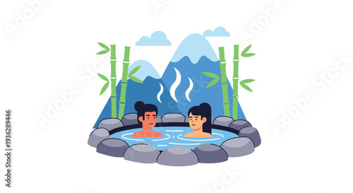 A cartoon man and woman are smiling and relaxing together in a circular hot spring pool bordered by grey rocks with bamboo and blue mountains in the background, Generative AI.