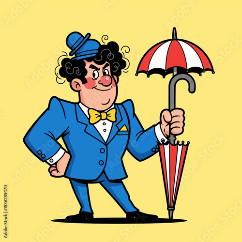 Vintage Insurance Agent Mascot Character Holding Umbrella. Retro Cartoon Illustration of Security and Protection Salesman.