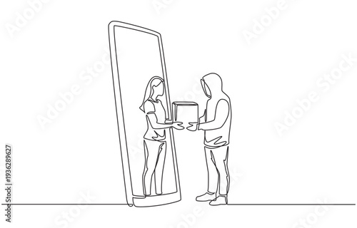 Continuous one line drawing of female customer receiving boxed package from online scammer through smartphone screen, online selling scam concept, single line art.