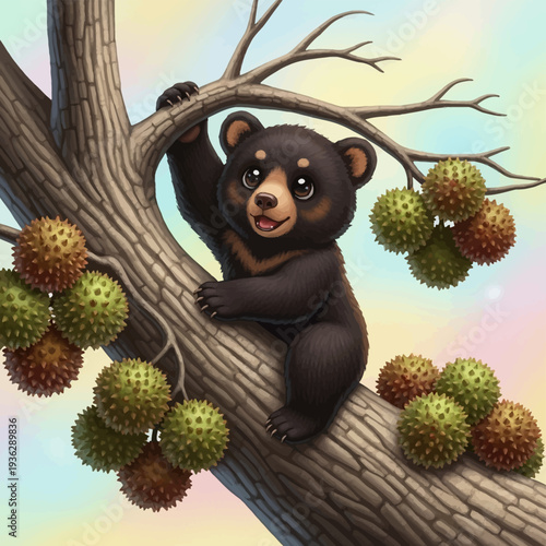 Cute black bear cub cartoon climbing a tree branch, surrounded by forest fruits. Happy animal character illustration.