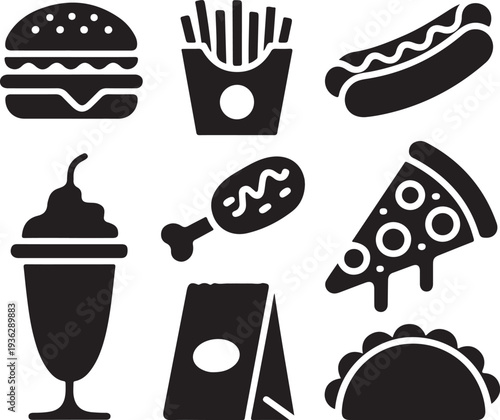 Fast Food Icons Set Burger Pizza Fries Drink Vector,Junk Food Icon Collection Fast Food Symbols