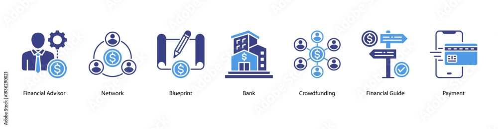 Fototapeta premium Financial Services web banner vector illustration featuring Financial Advisor, Network, Blueprint, Bank, Crowdfunding, Financial Guide, and Payment.