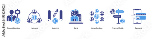 Financial Services web banner vector illustration featuring Financial Advisor, Network, Blueprint, Bank, Crowdfunding, Financial Guide, and Payment.