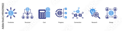 Corporate Progress web banner vector illustration featuring Fundraise, Structure, Cost, Progress, Connection, Research, and Group.