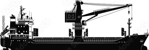 Cargo ship with deck crane maritime freight vessel silhouette vector illustration isolated on white background