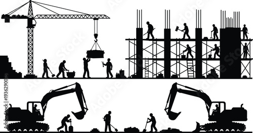 Construction site workers with tower crane and excavator heavy machinery building structure silhouette vector illustration