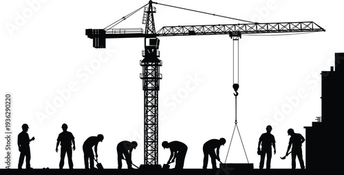 Construction workers with tower crane building structure industrial labor silhouette vector illustration isolated on white