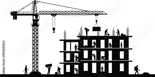 Construction workers building multi story structure with tower crane industrial silhouette vector illustration isolated background