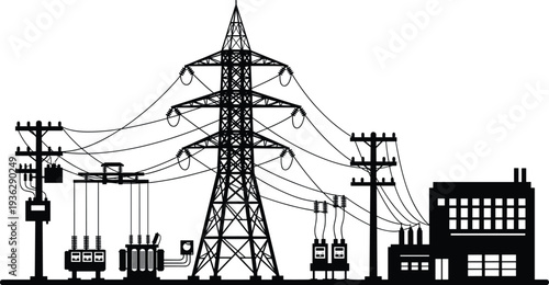Electric power transmission tower with substation and industrial factory energy infrastructure silhouette vector illustration
