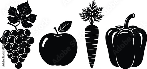 Fruit and vegetable silhouette set with grapes apple carrot and bell pepper vector illustration