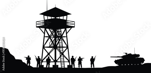 Military watchtower with soldiers and tank defense battlefield silhouette vector illustration isolated on white