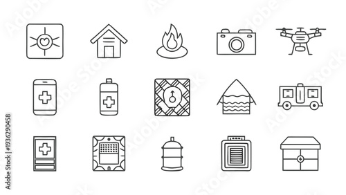 15 Disaster Resilience and Survival Technology Icons with Blank Background.
