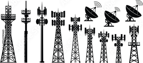 Telecommunication tower and satellite dish antenna signal transmission technology silhouette vector illustration set isolated on white