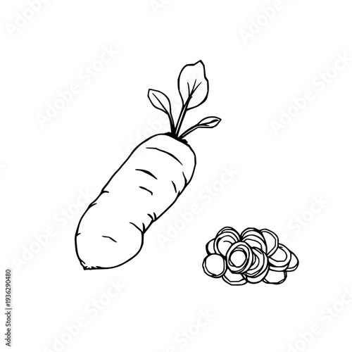 Illustration of ginger root outline with sprouting leaves and a small pile of sliced ginger, ideal for cooking recipes, herbal guides or culinary