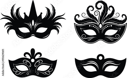 Venetian carnival mask collection decorative masquerade party silhouette vector illustration isolated on white background
