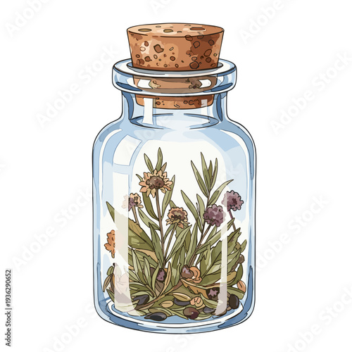 Corked apothecary jar filled with dried herbs and flowers, isolated on a white background, showcasing detailed botanical illustration