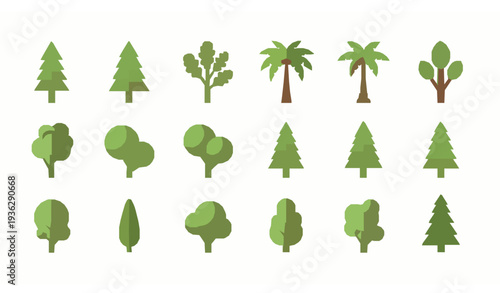 Modern flat tree icons collection in minimal pictogram style isolated on white background for nature and landscape design