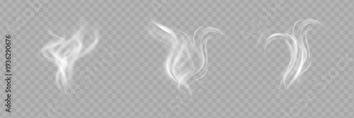 Realistic white cloud or fire smoke in the sky and vector weather element on transparent background. Chimney smoke, fog wave or cloud pattern with overlay effect. Cloud art or smoky air illustration.