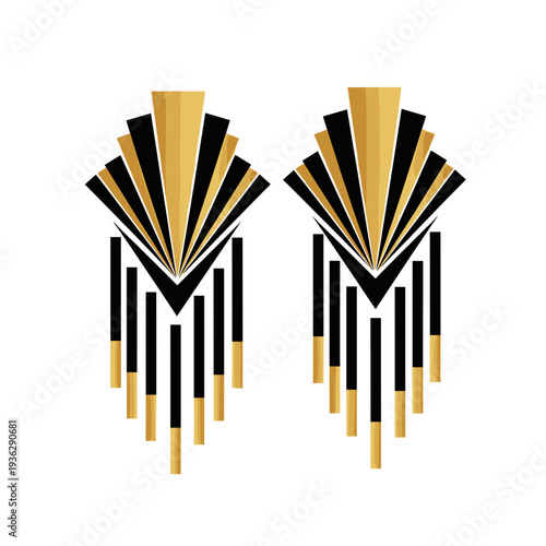 Art Deco style tassel earrings with geometric gold and black design, isolated on a white background