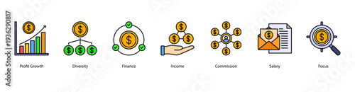 Profit and Growth web banner vector illustration featuring Profit Growth, Diversity, Finance, Income, Commission, Salary, and Focus.