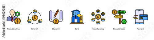 Financial Services web banner vector illustration featuring Financial Advisor, Network, Blueprint, Bank, Crowdfunding, Financial Guide, and Payment.