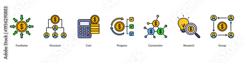 Corporate Progress web banner vector illustration featuring Fundraise, Structure, Cost, Progress, Connection, Research, and Group.