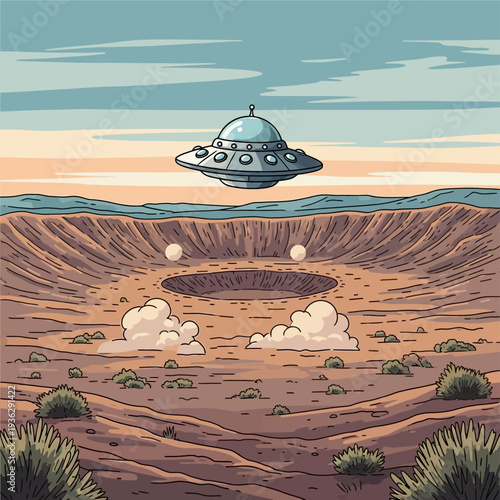 UFO Landing Site in Desert. Retro Cartoon Style Illustration of Flying Saucer Hovering Above Impact Crater in Arid Landscape