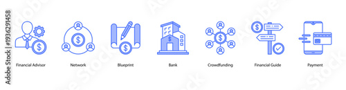 Financial Services web banner vector illustration featuring Financial Advisor, Network, Blueprint, Bank, Crowdfunding, Financial Guide, and Payment.